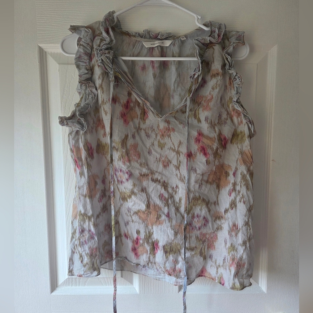 Rebecca Taylor Blouse M Picot Ruffle Water Color Sleeveless